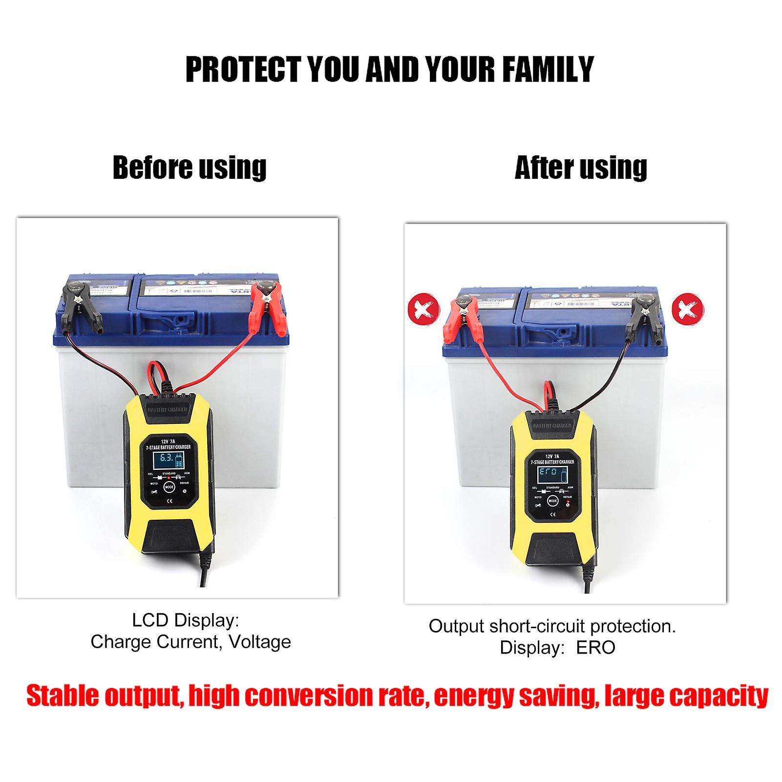 Uk Car Battery Charger， 12v 7a Lead-acid Batteries Charger， Lcd Display Smart Battery Maintainer 7-stages Trickle Chargers For Car， Motorcycle， Lawn M