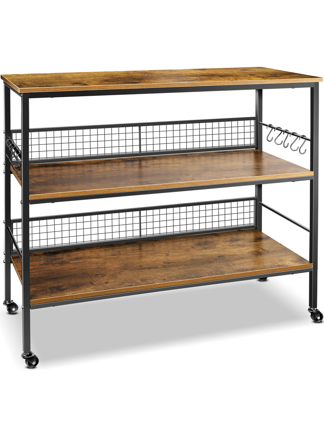 Cheflaud Rolling Kitchen Storage Cart Island with large open shelves and Large Worktop， 3-Tier Kitchen Baker’s Rack with 10 Hooks， Stable Steel Structure and Easy Assembly， Rustic Brown