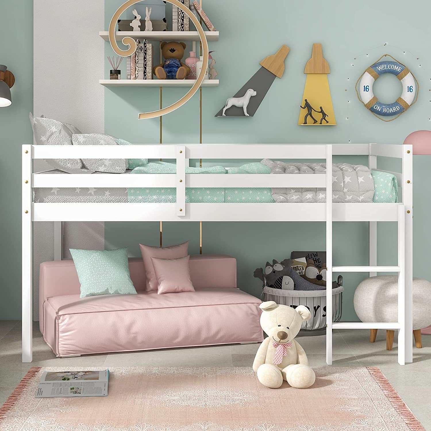 Twin Wood Loft Bed with Full-length Safety Rail and Ladder, Modern Loft Bed Frame for Kids Teens Adult, Space Saving Bedroom Low Loft Bed, No Box Spring Needed, White, J2309