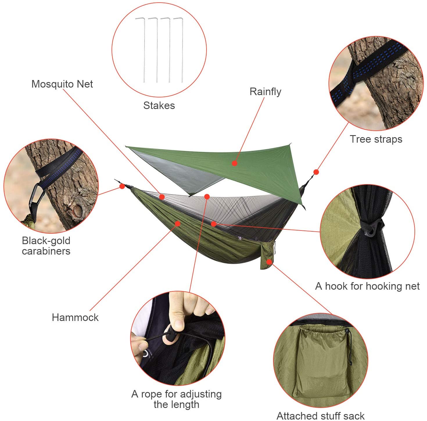 Camping Hammock with PU Rain Fly Tarp and Mosquito Net Tent Tree Straps, Portable Single Double Nylon Parachute Hammock Rainfly Set for Backpacking Hiking Travel Yard Outdoor Activities Army green