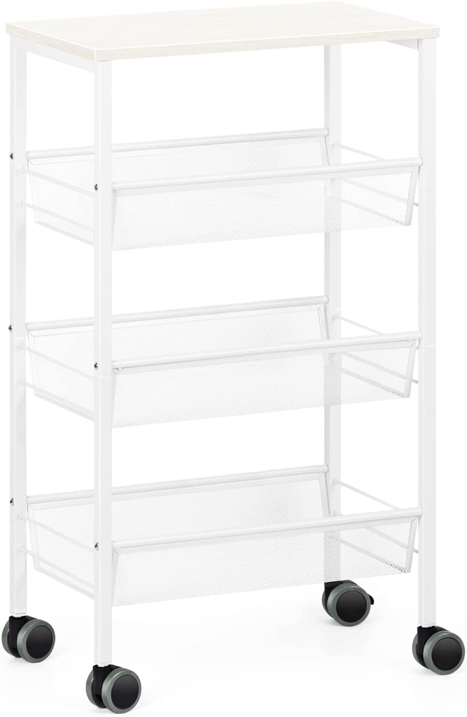 3 Tier Kitchen Storage Rolling Utility Cart with Wood Top， White