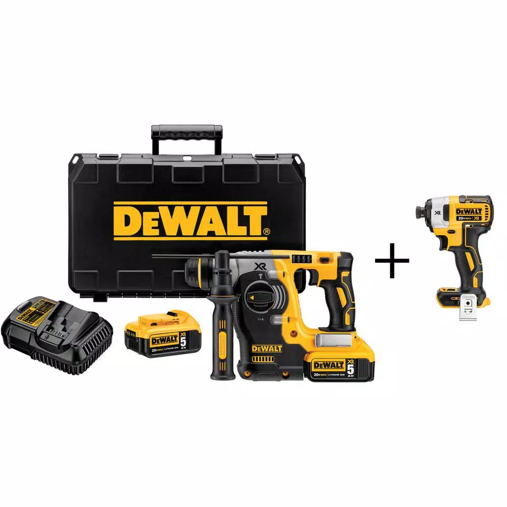 DEWALT 20-Volt MAX XR Brushless 1 in. SDS Plus L-Shape Rotary Hammer， (2) 20-Volt 5.0Ah Batteries and 1/4 in. Impact Driver and#8211; XDC Depot