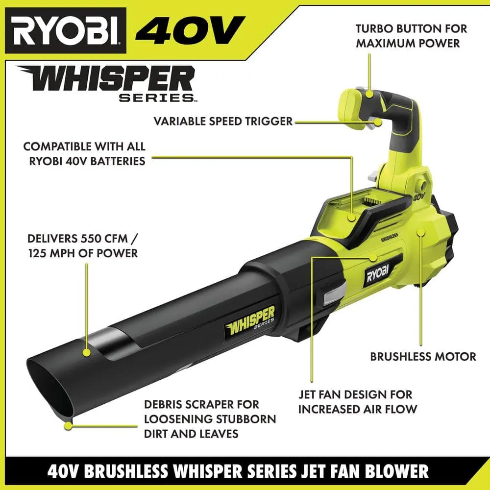 RYOBI 40V Brushless 125 MPH 550 CFM Cordless Battery Whisper Series Jet Fan Blower with 4.0 Ah Battery and Charger RY40470