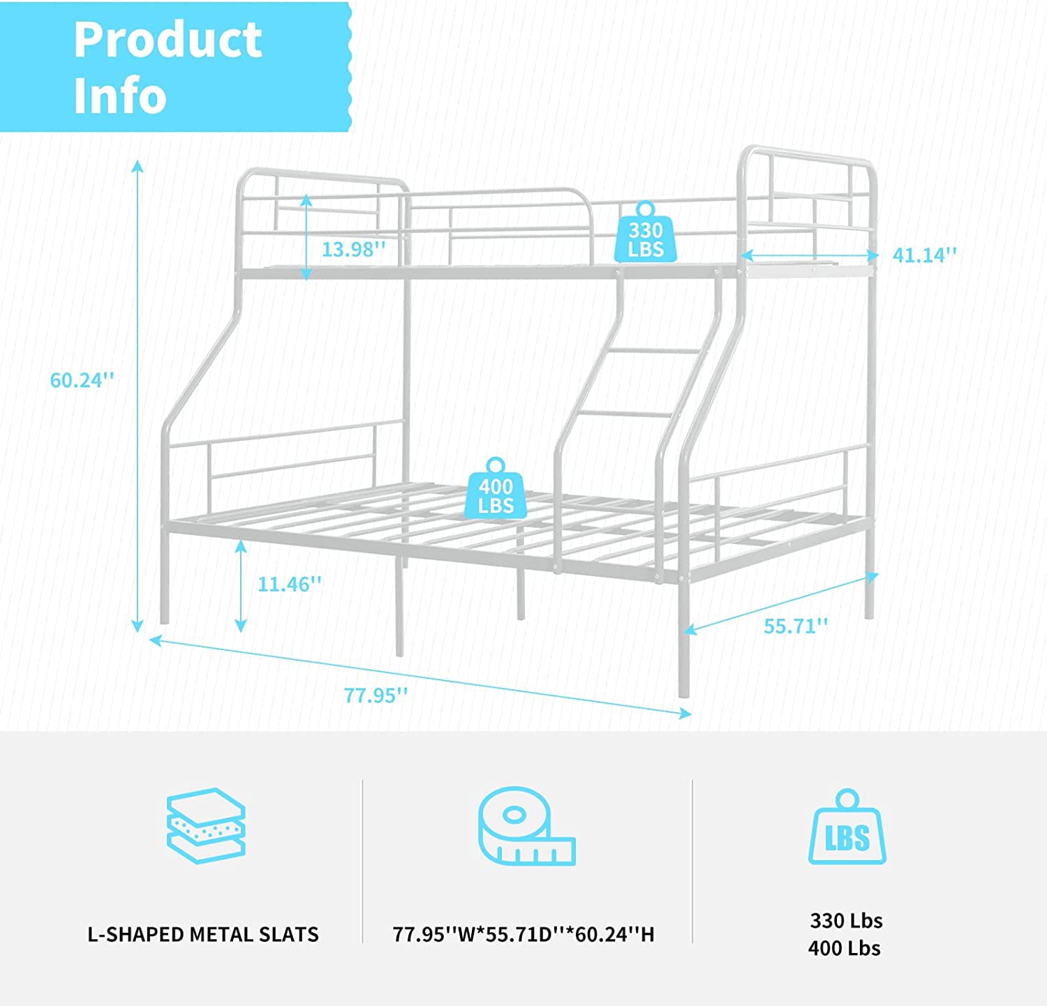 cuoote Twin Over Full Bunk Bed w/Ladder and Guardrail, Space-Saving Design, No Box Spring Needed, White