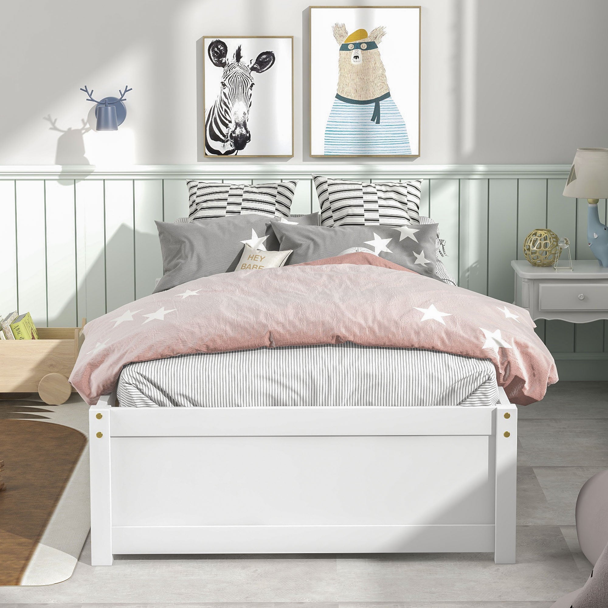Twin Platform Bed Frame with Storage Drawers, Kids Twin Size Bed Frame No Box Spring Needed, Solid Wood Platform Beds with Two Drawers, Modern Single Bed Bedroom Furniture, White, J1159