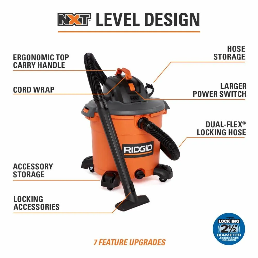RIDGID 16 Gallon 5.0 Peak HP NXT Wet/Dry Shop Vacuum with Filter, Locking Hose and Accessories HD1640