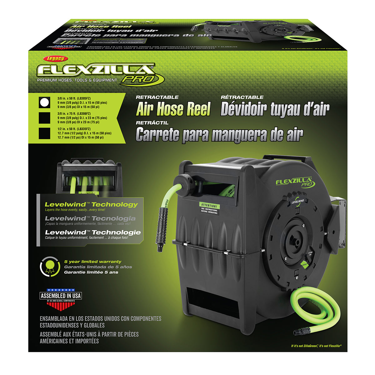 Flexzilla® Pro Retractable Air Hose Reel with Levelwind Technology， 3/8