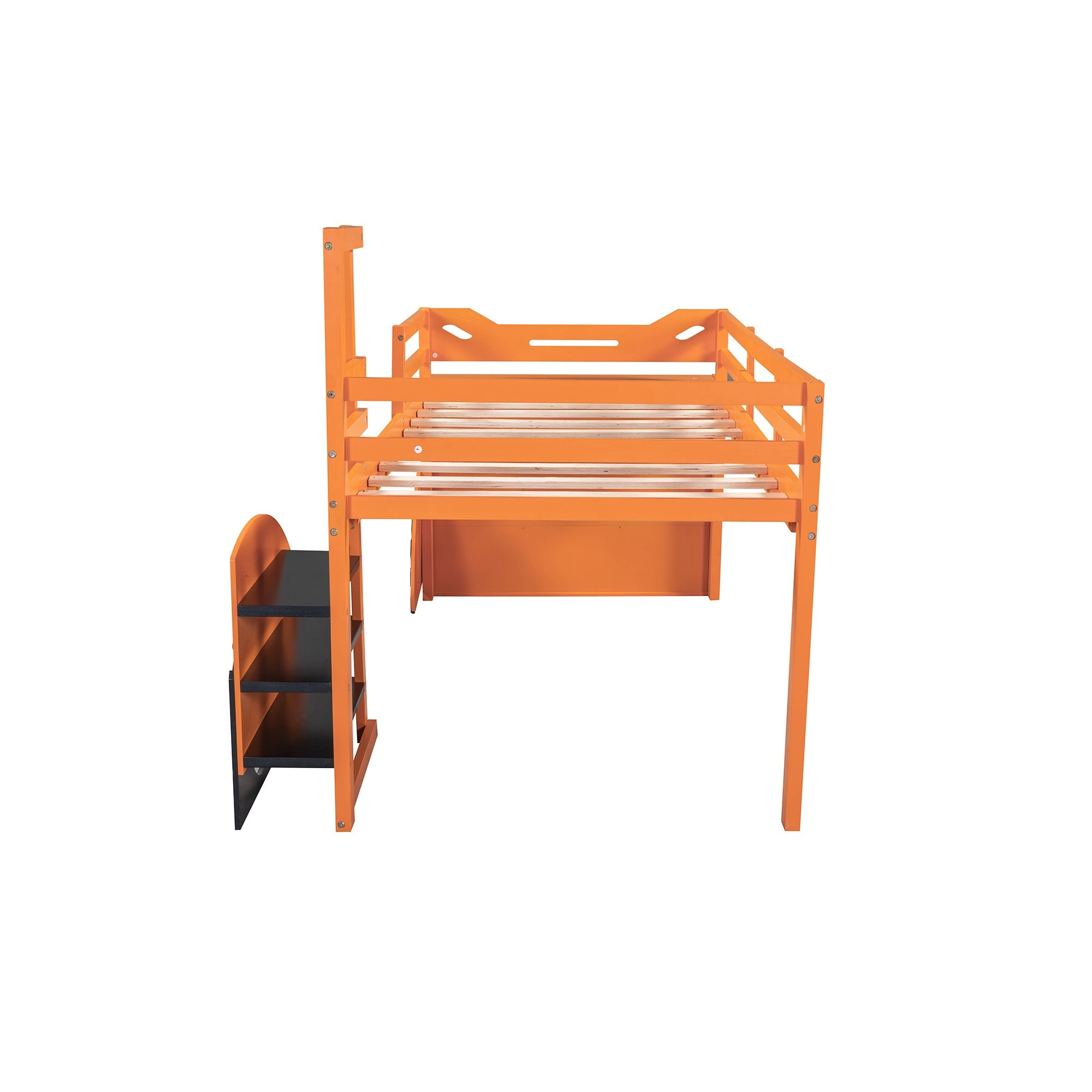 Pine Wood Car-Shaped Low Loft Bed with Shelf for Kids Bedroom, Orange