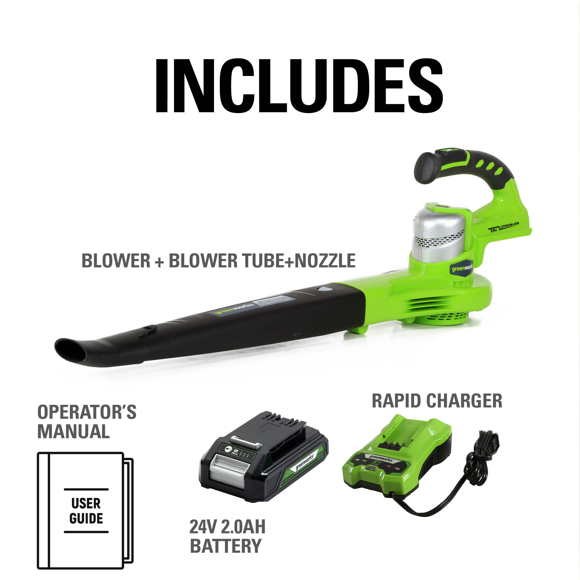 Greenworks 24V 135 CFM Cordless Leaf Blower with 2.0 Ah Battery and Charger， 24352