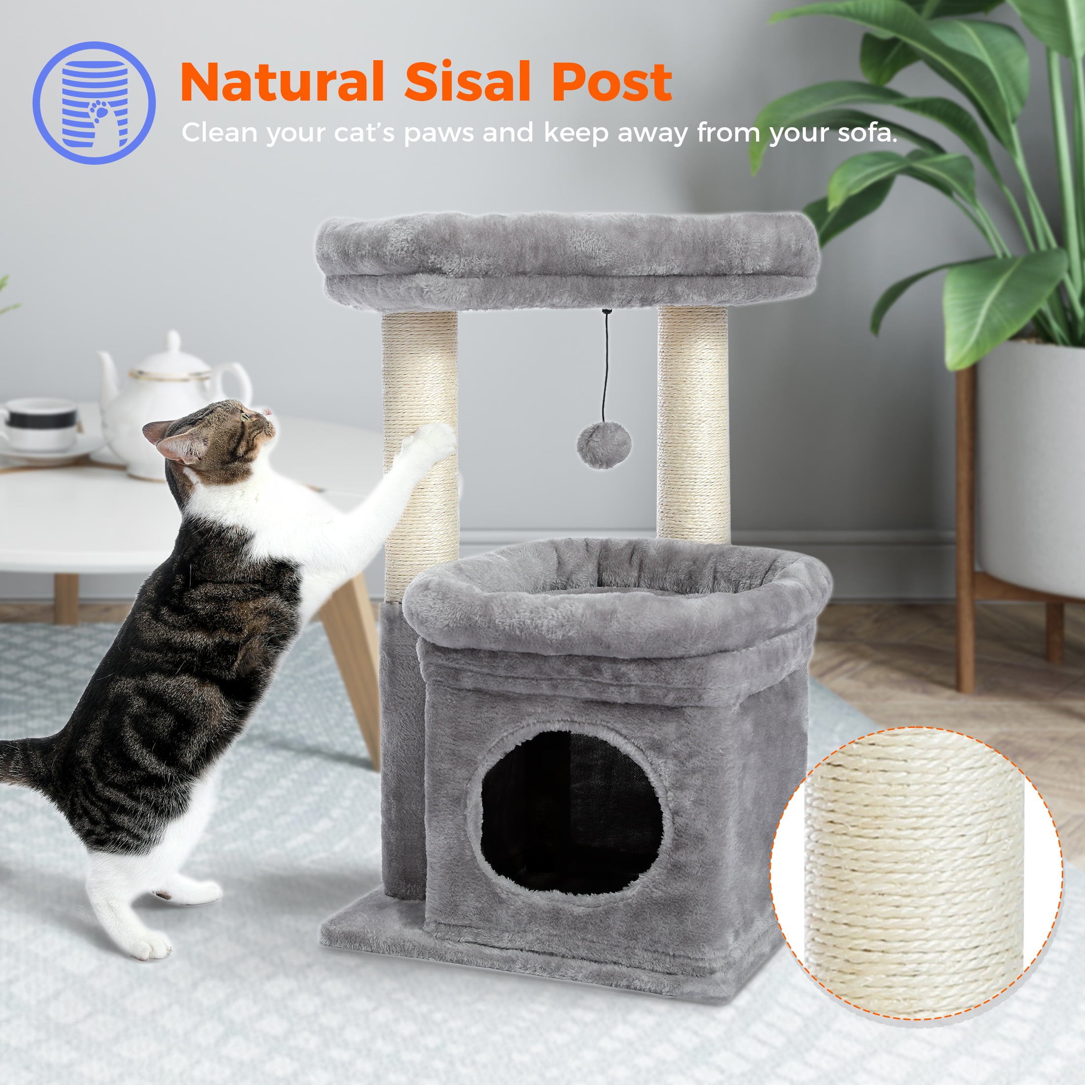 PAWZ Road Small Cat Tree Tower Plush Condo and Scratching Posts for Kittens Medium Cats， Gray