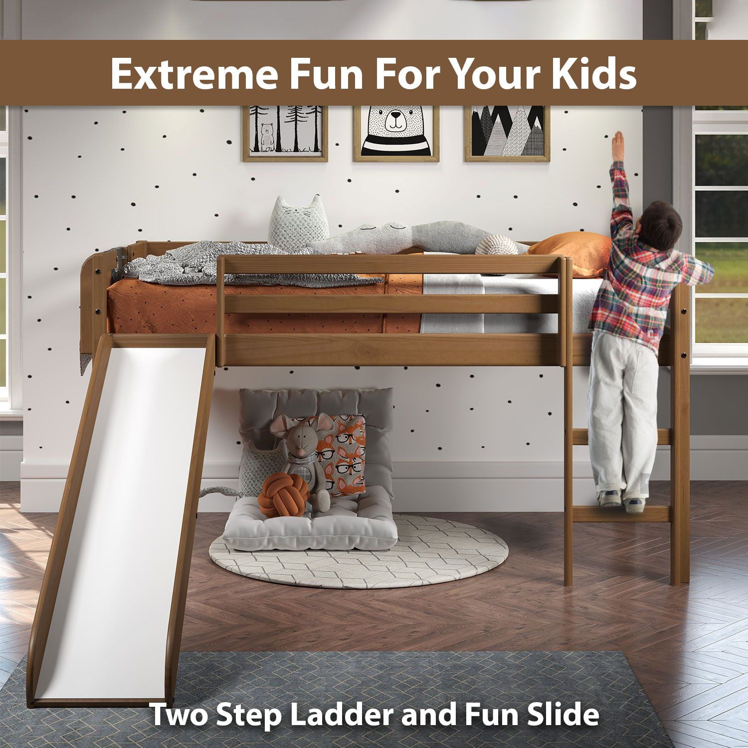Naomi Home Cindy Kids Loft Bed with Slide, Twin Loft Bed with Slide, Loft Bed with Slide, Loft Bed Slide with Ladder, Chalkboard, Pine Wood Space Saving Kids Bed Frame for Boys, Girls, Latte