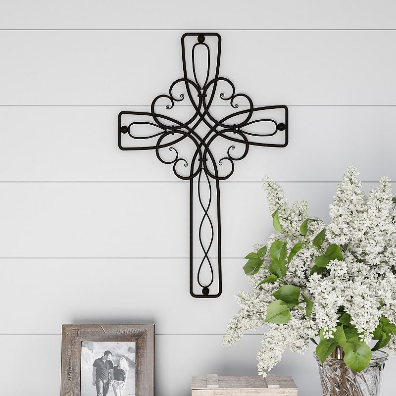 Lavish Home Metal Wall Cross with Decorative Floral Scroll Wall Decor