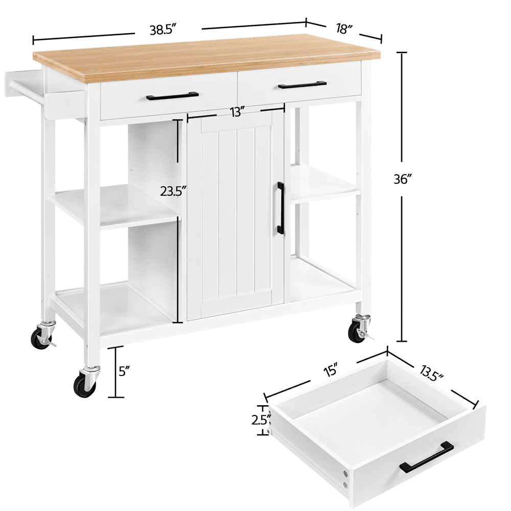 Topeakmart Mobile Kitchen Cart with Bamboo Top Kitchen Island on Wheels with Cabinet and Drawers and Towel Bar White