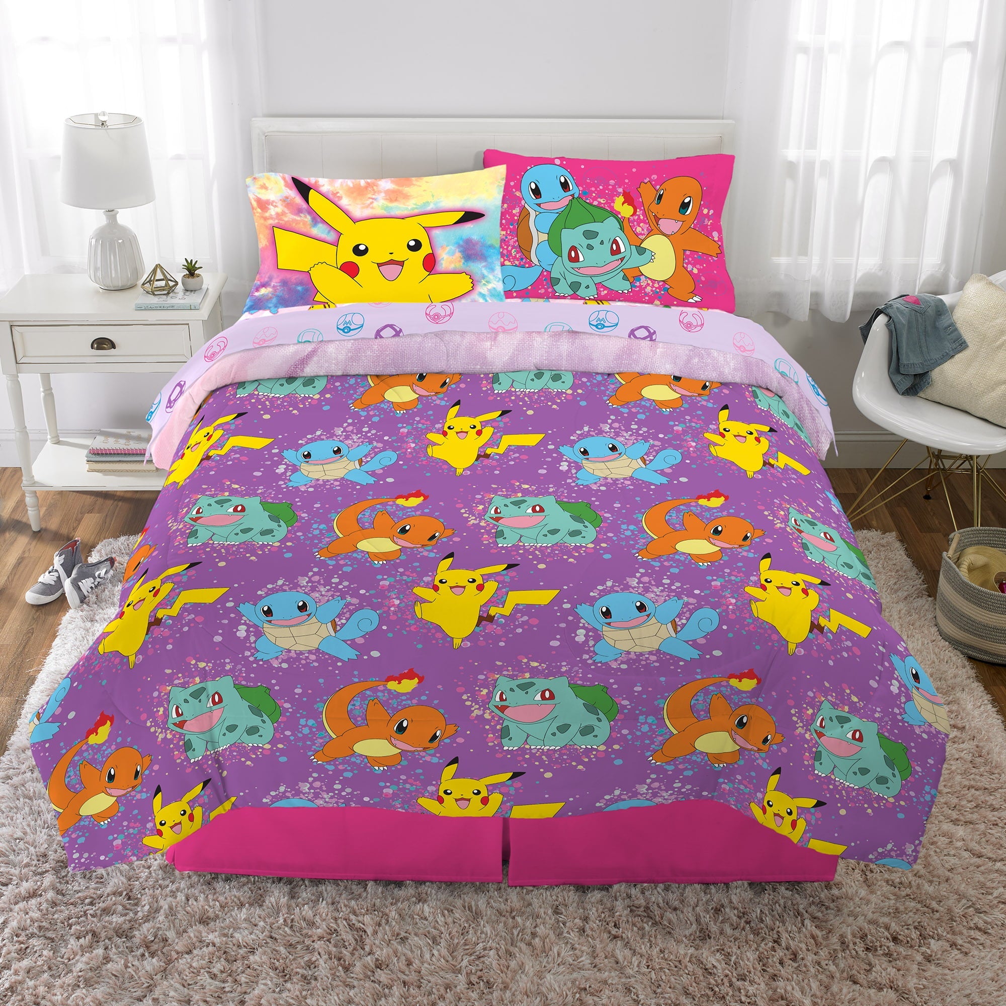 Pokémon Kids Full Bed in a Bag, Tie-Dye, Gaming Bedding, Comforter and Sheets, Purple