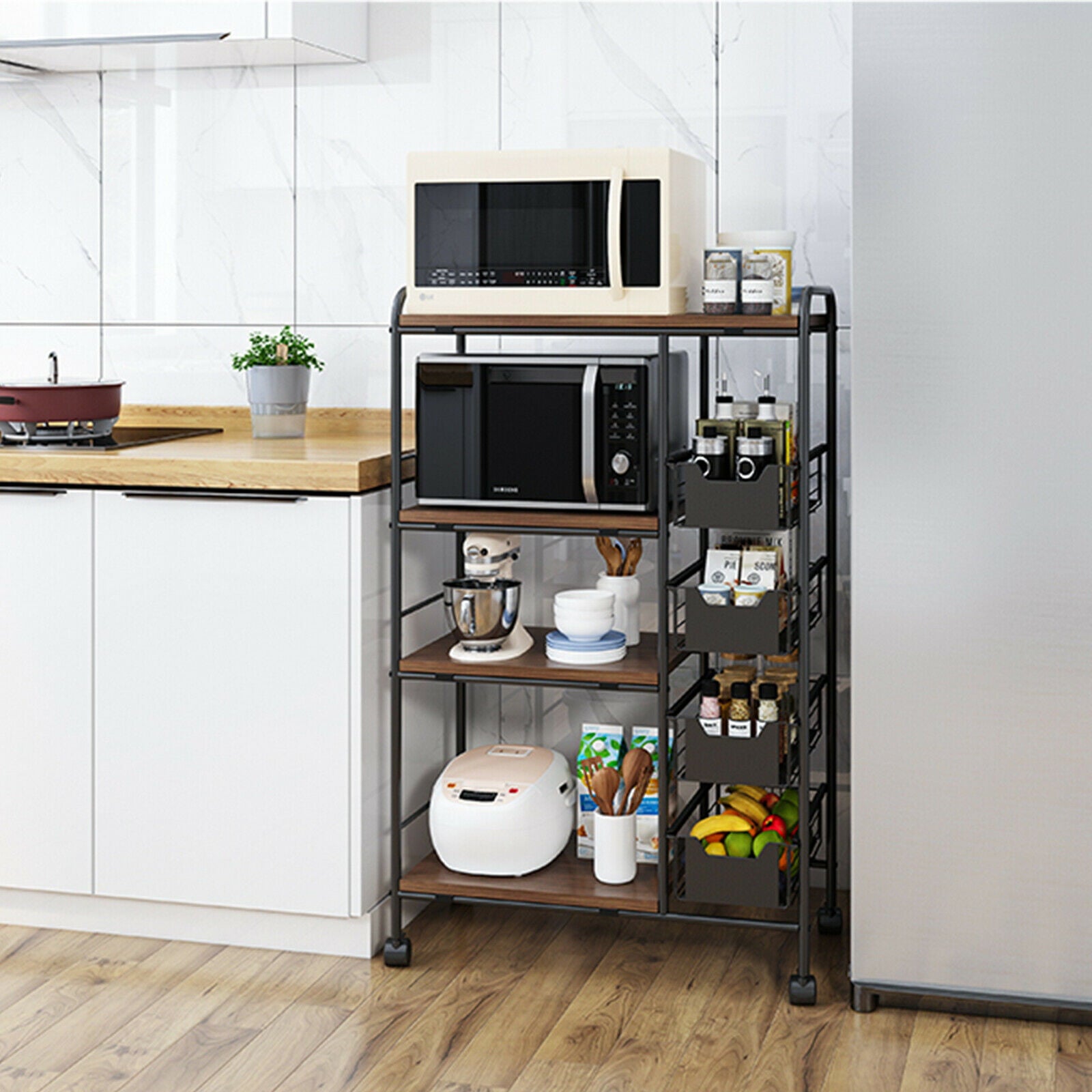 Miumaeov Kitchen Storage Rack Utility Microwave Oven Stand Storage Shelf + Push-Pull Drawer Black 27.9