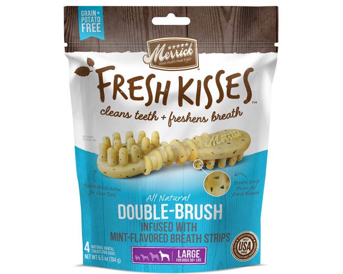 Merrick Fresh Kisses Double-Brush Dental Dog Treats with Mint Breath Strips for Large Breeds， 11.5 oz. Pouch  - 295804