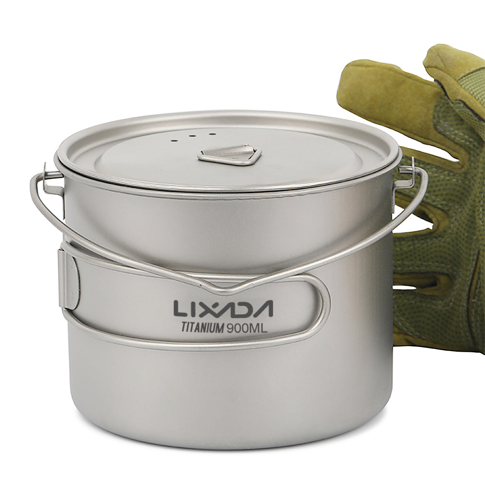 Lixada 750ml900ml1100ml Lightweight Titanium Pot with Folding Spork for Outdoor Camping Hiking Backpacking Picnic