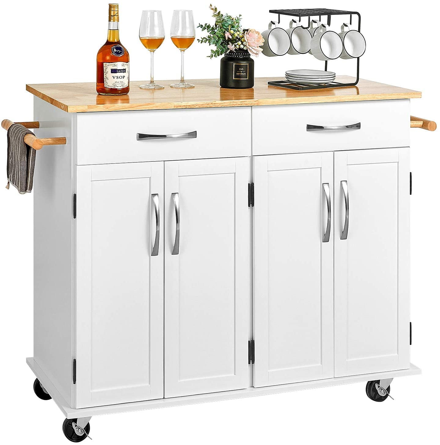 CINAK Rolling Kitchen Island Cart with Storage， Kitchen Island on Wheels， Handle Rack Rubber Wood Top Cabinet， Ivory White， 48.2L x 18.5W x 35.4H