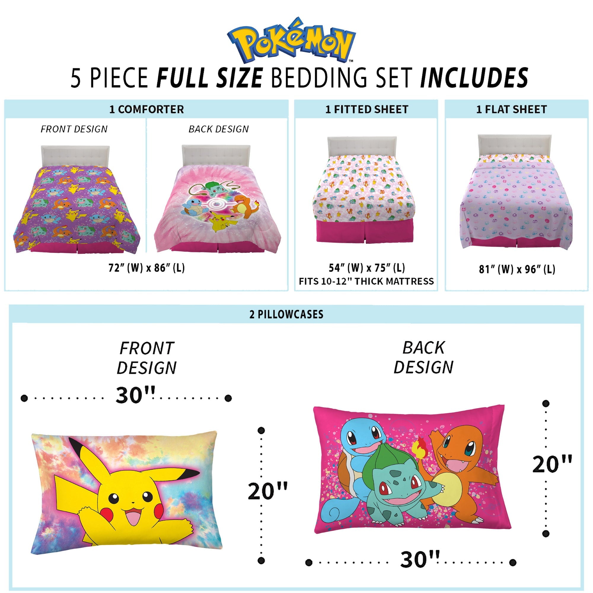 Pokémon Kids Full Bed in a Bag, Tie-Dye, Gaming Bedding, Comforter and Sheets, Purple