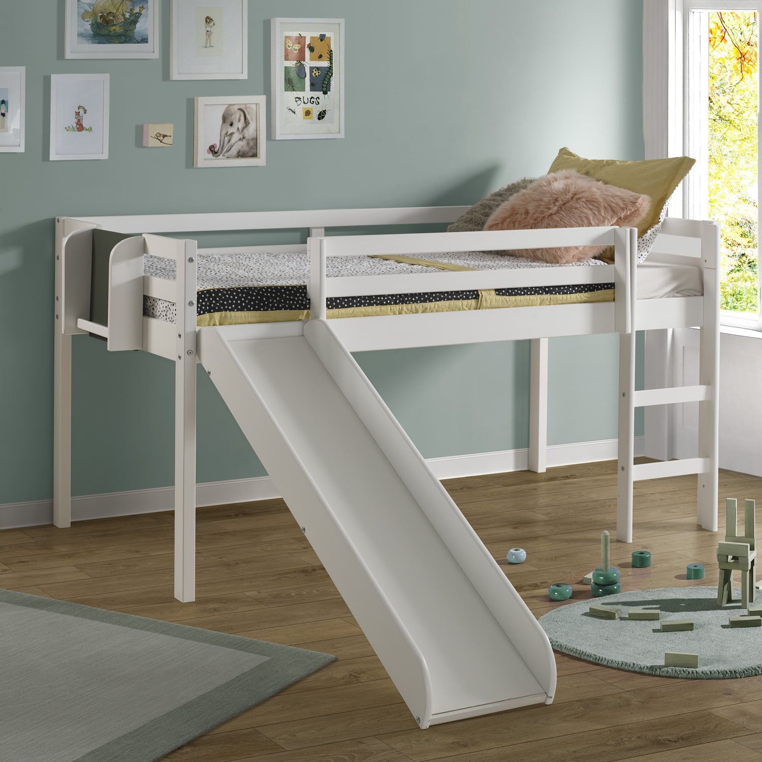 Naomi Home Cindy Kids Loft Bed with Slide, Twin Loft Bed with Slide, Loft Bed with Slide, Loft Bed Slide with Ladder, Chalkboard, Pine Wood Space Saving Kids Bed Frame for Boys, Girls, White