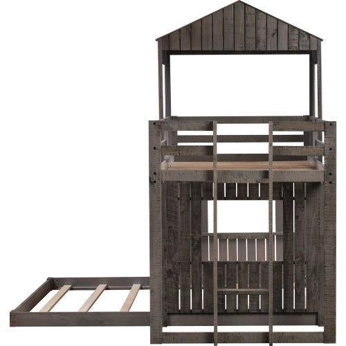 Churanty Wooden House Bunk Bed Twin Over Full Bunk Bed Floor Playhouse Bed For Kids Antique Gray