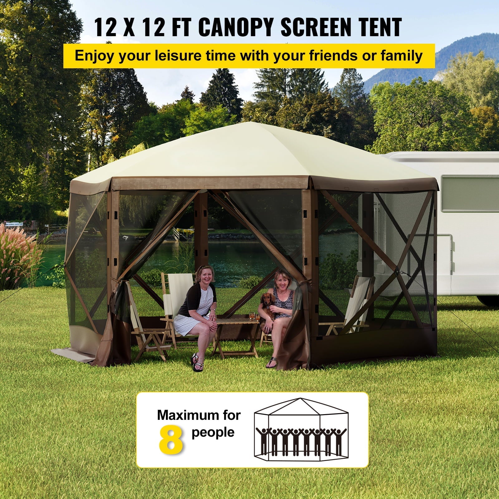 VEVORbrand Camping Gazebo Tent, 12'x12', 6 Sided Pop-up Canopy Screen Tent for 8 Person Camping, Waterproof Screen Shelter w/Portable Storage Bag, Ground Stakes, Mesh Windows, Brown & Beige