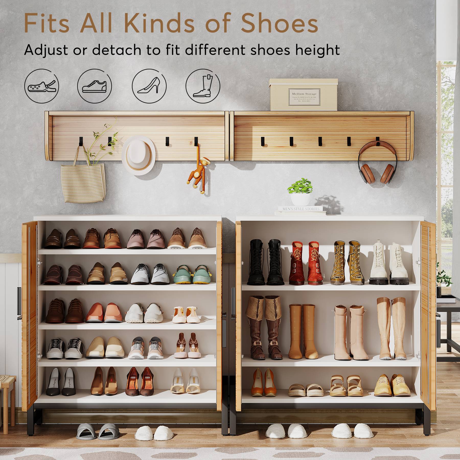 5-Tier Shoe Cabinet, Shoe Organizer with Doors & Adjustable Shelves