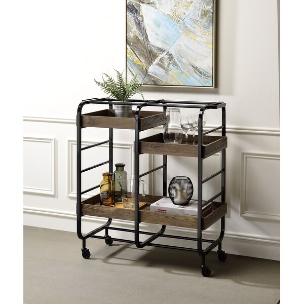 Vintage Metal Serving Cart with 3 Open Compartments Wooden Removable and Adjustable Trays with Caster Wheels - - 35872291
