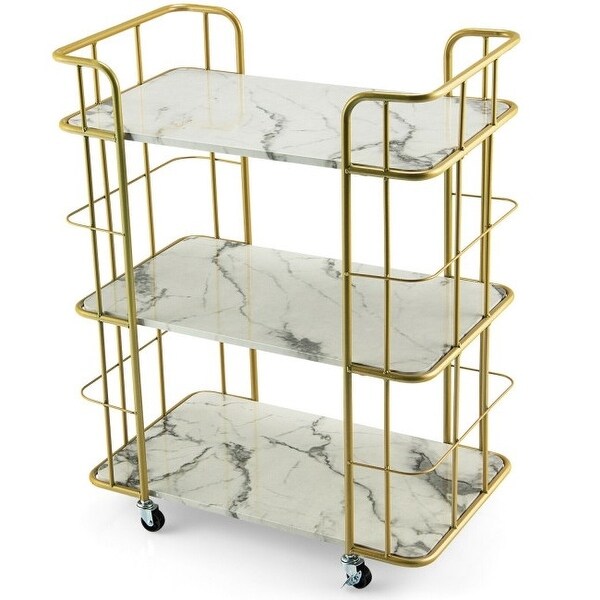 3 Tier Faux Marble Gold Rolling Bar Cart - 26 inches L x 16 inches W x 32.5 inches H - - 36757659