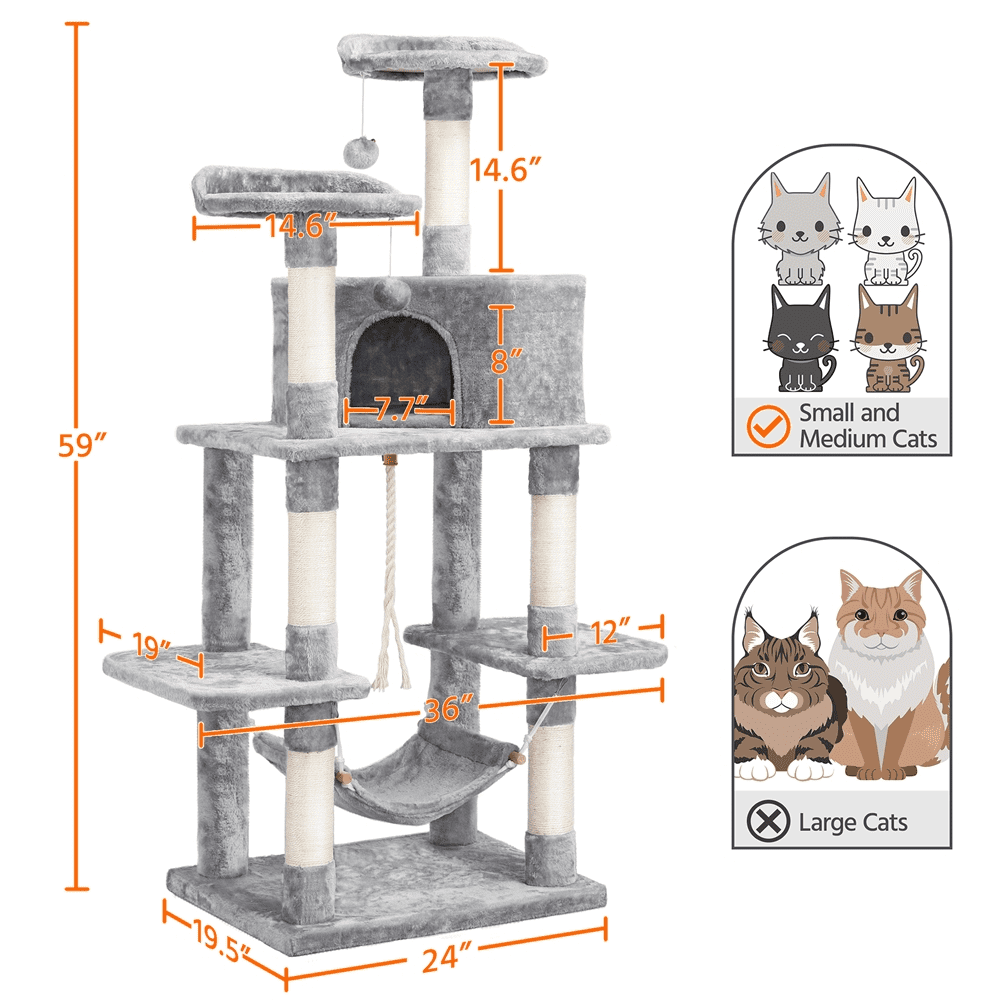 Topeakmart 59-in Cat Tree and Condo Scratching Post Tower， Light Gray
