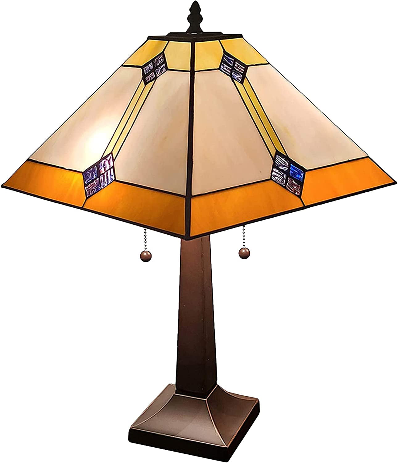 SHADY Vintage  Table Lamp -Geometric  Table Night Light -Yellow and Brown Glass Nightstand Lamp -21\u201D Tall Stained Glass Lamp