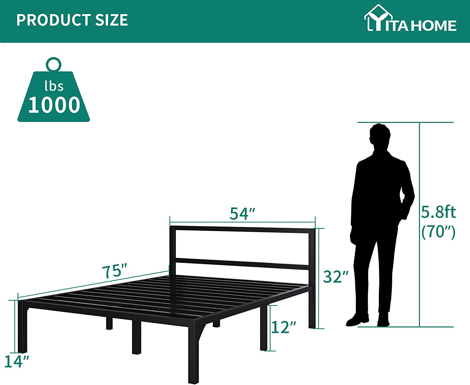 YITAHOME Full Size Metal Bed Frame with Modern Headboard No Box Spring Needed Easy-Assembly for Kids, 300 lbs Load Capacity，Black