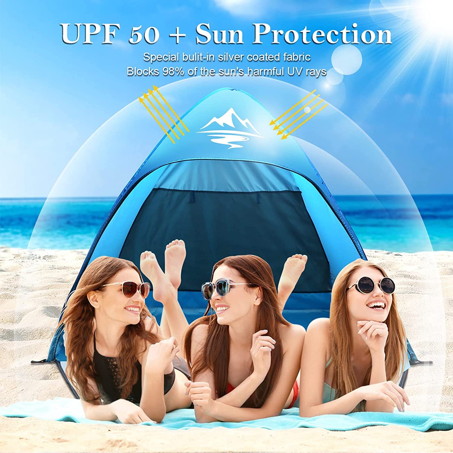 Pop Up Beach Tent UPF 50 Sun Shelter 2-3 Person Automatic Waterproof Fishing Picnic BFULL Camping Tent W/ Carry Bag Blue