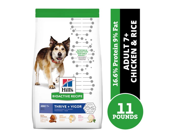 Hills Bioactive Recipe Adult 7+ Chicken  Brown Rice Dry Dog Food， 11 lb. Bag