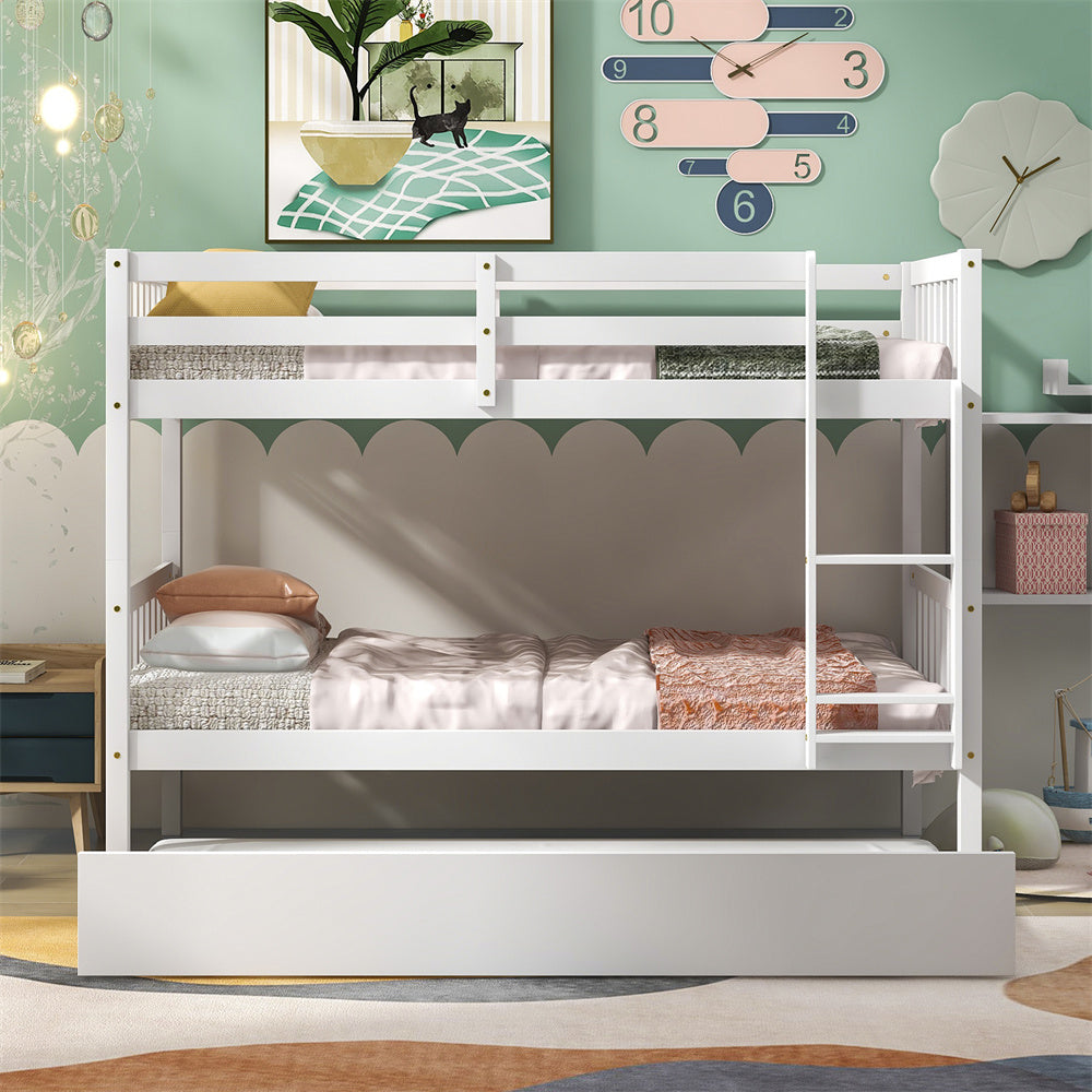 Twin Over Twin Bunk Beds with Trundle, Solid Wood Bed Frame with Safety Rail and Ladder for Kids/Teens Bedroom, Guest Room Furniture, White