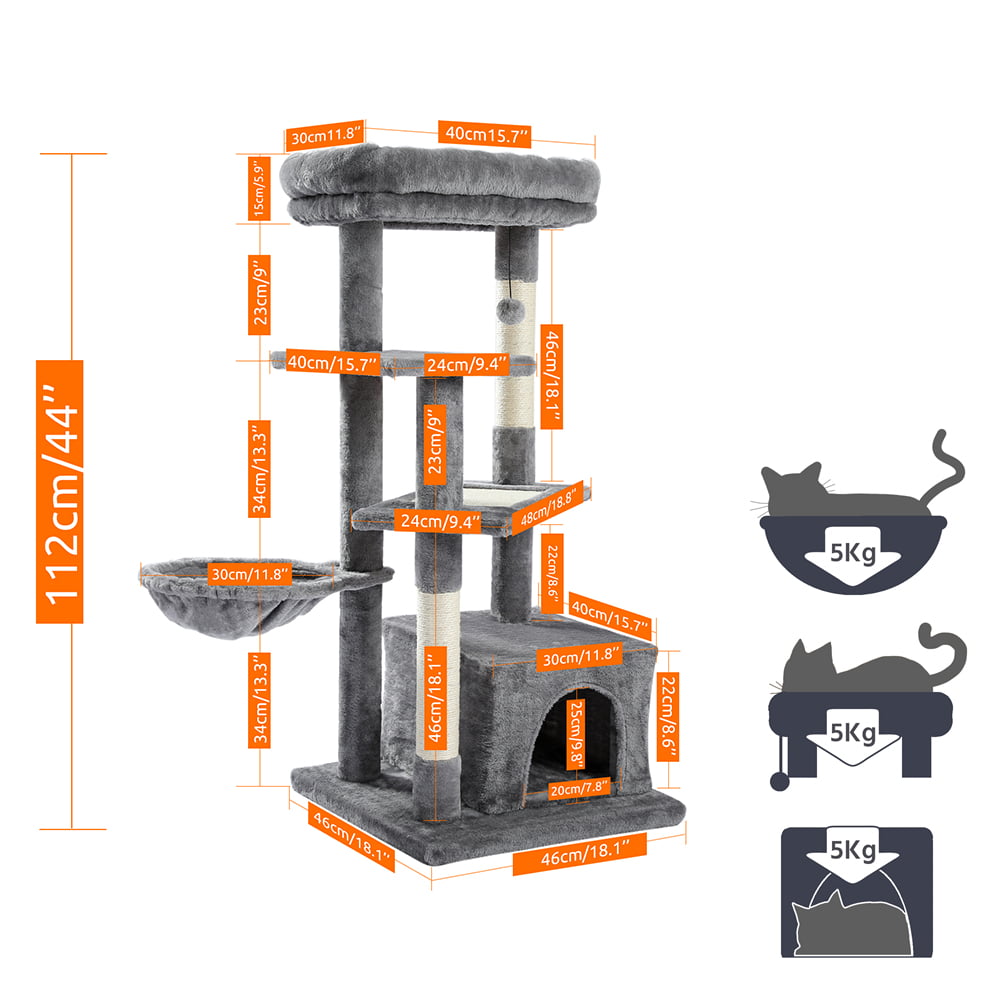 Cat Tree for Indoor Cats， 42 Inches Multi-Level Cat Tower with Sisal Covered Scratching Posts， Spacious Condo， Cozy Hammock and Plush Top Perch