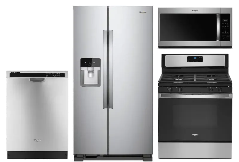 Whirlpool 4 Piece Electric Kitchen Appliance Package with 24.5 cu. ft. Side by Side Refrigerator - Stainless Steel