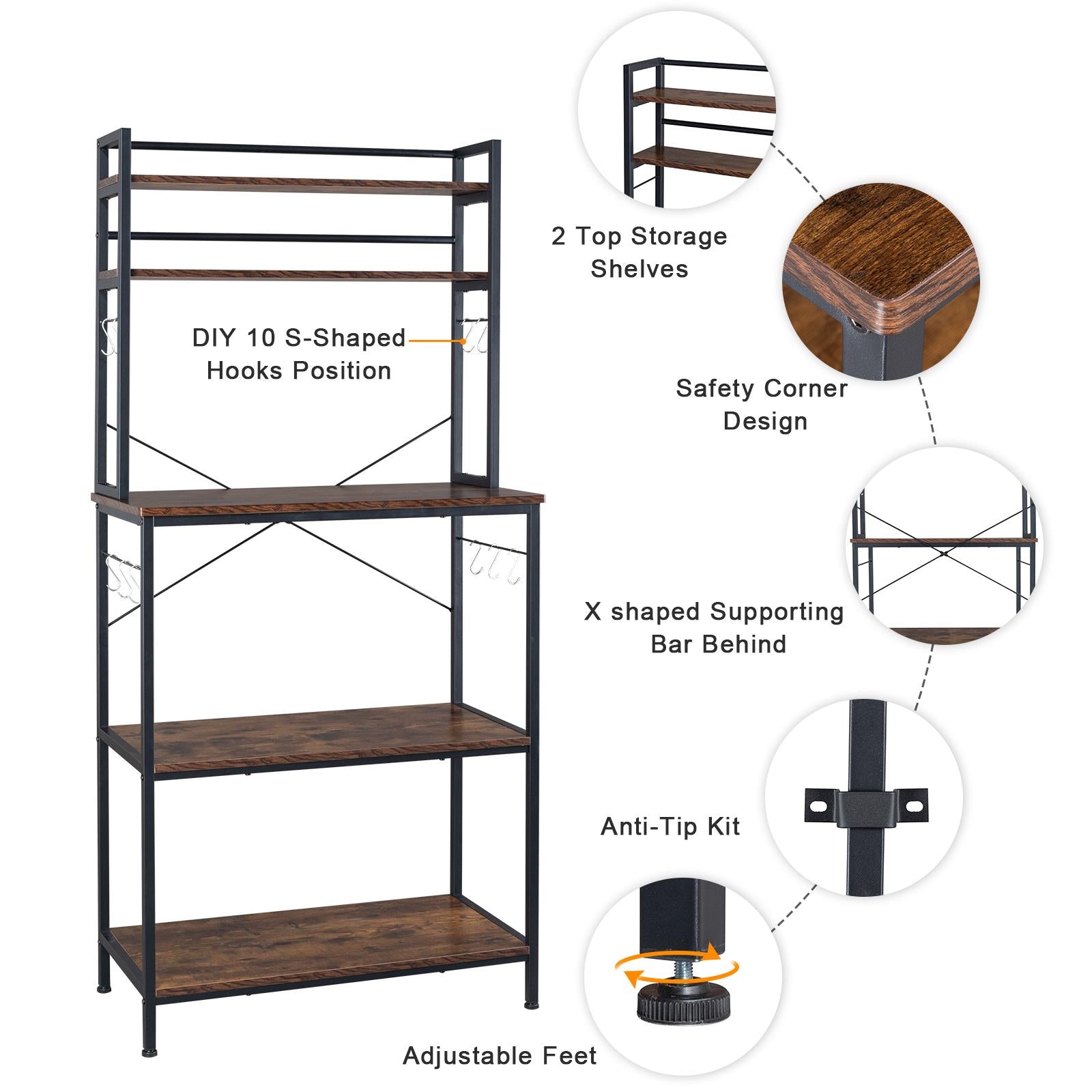 Ktaxon 5-Tier Kitchen Baker's Rack with 10 Hooks， Industrial Microwave Oven Stand Kitchen Island Cart Storage Shelving Unit Organizer， Rustic Brown