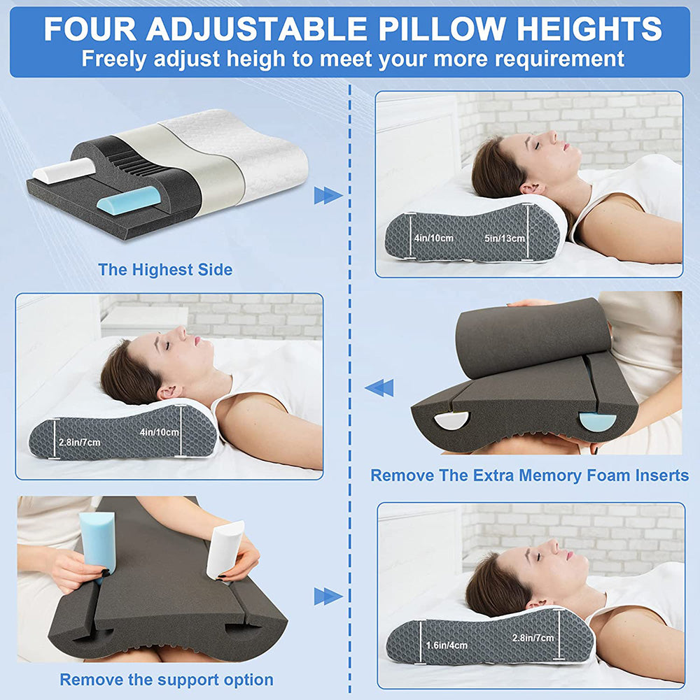Memory Foam Pillow, Adjustable Contour Pillow for Neck Pain, Orthopedic Cervical Support Sleeping Pillow, Ergonomic Bed Pillow for Back, Side or Face Down Sleepers, Large Blue