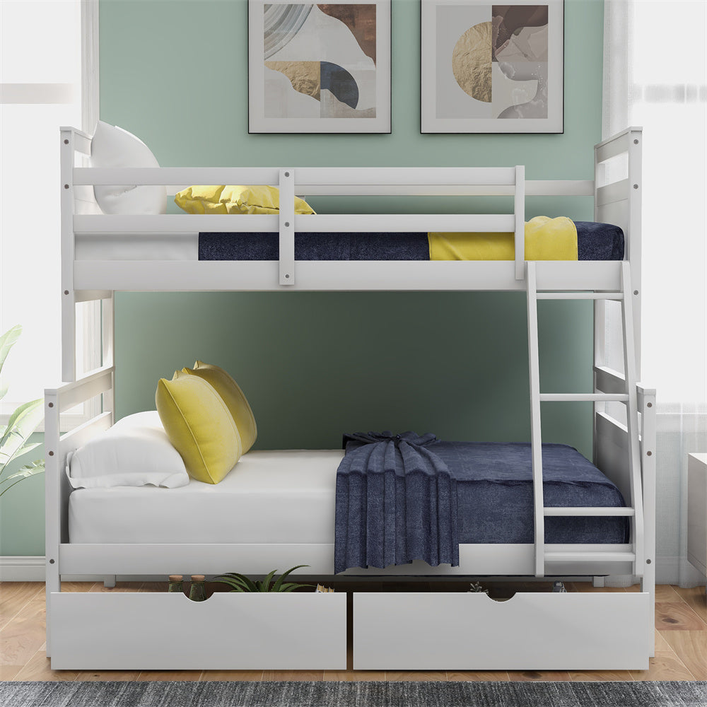 Twin Over Full Bunk Bed with Two Storage Drawers, Pine Wood Bed Frame and Guardrails and Ladder for Kids and Teens Trundle, White