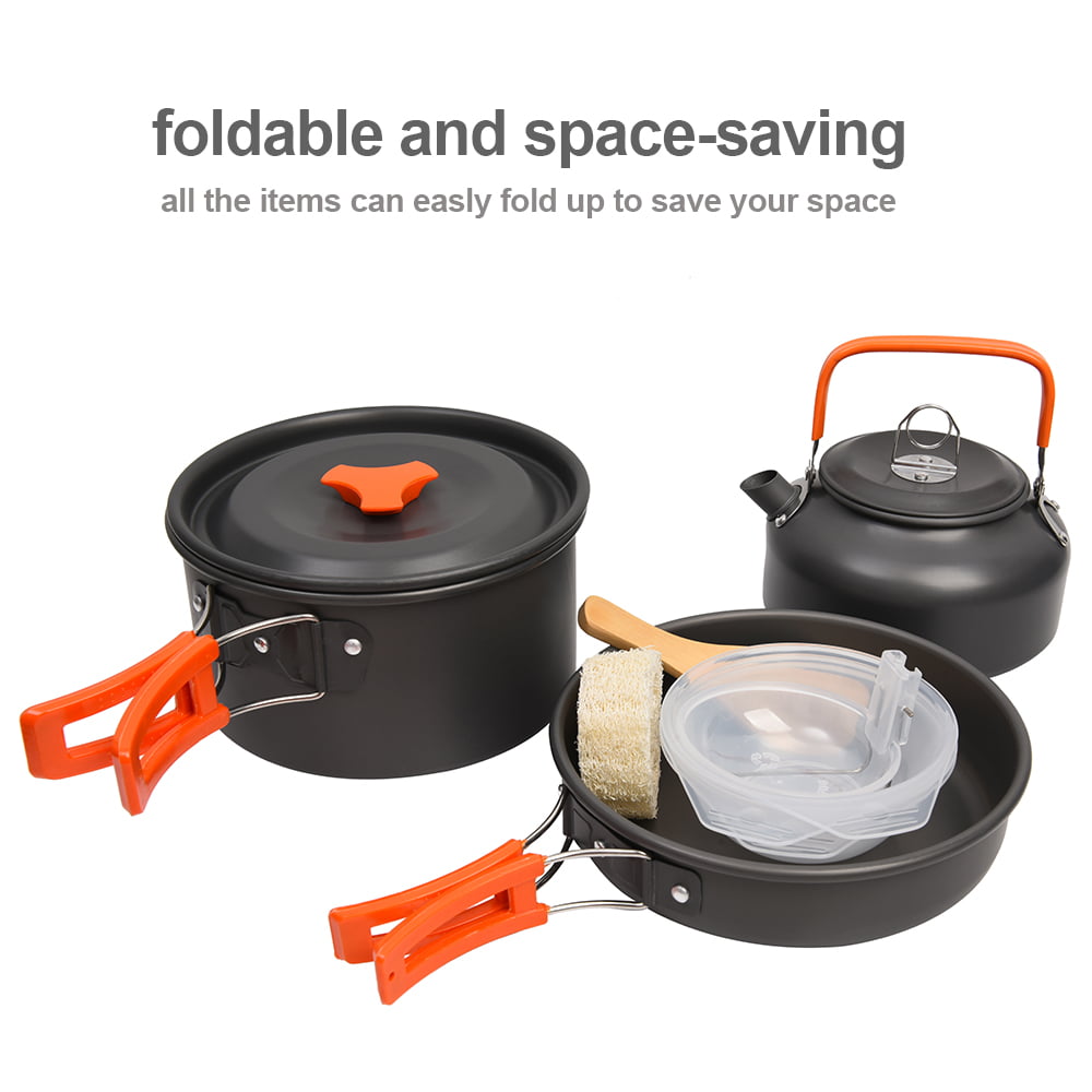 Willstar 9pcs Camping Cookware Set 1-2 Person Campfire Kettle Outdoor Cooking Mess Kit Pots Pan for Backpacking Hiking Picnic Fishing with Spork Knife Spoon Anodized aluminum (Orange)