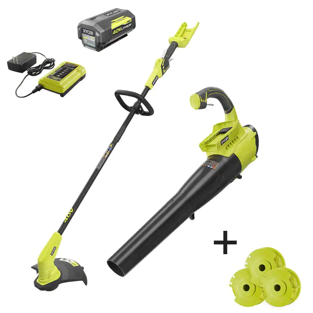 RYOBI RY40930-AC 40V Cordless Battery String Trimmer and Jet Fan Blower Combo Kit w/Extra 3-Pack of Spools， 4.0 Ah Battery and Charger