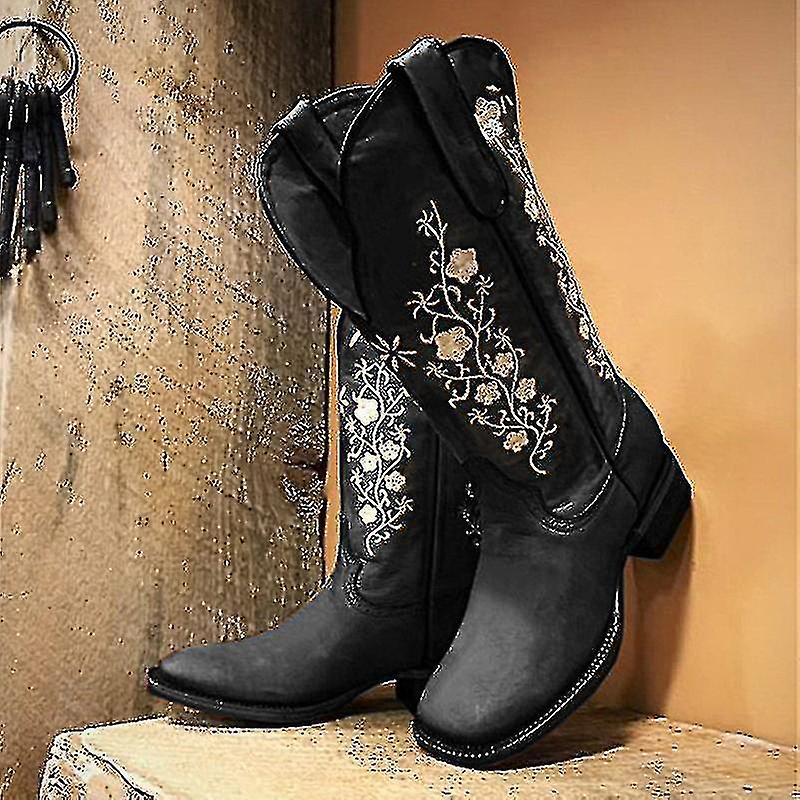 Women's Cowboy Cowgirl Boots Modern Western Embroidered Wide Calf Square Toe Cowboy Boot For Women-liuyue