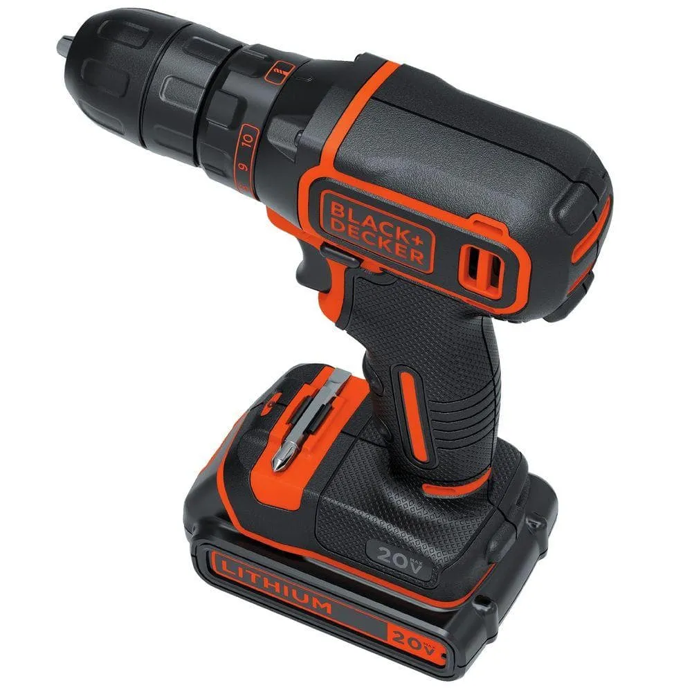 BLACK+DECKER 20V MAX Lithium-Ion Cordless 3/8 in. Drill/Driver with Battery 1.5Ah and Charger BDCDD120C