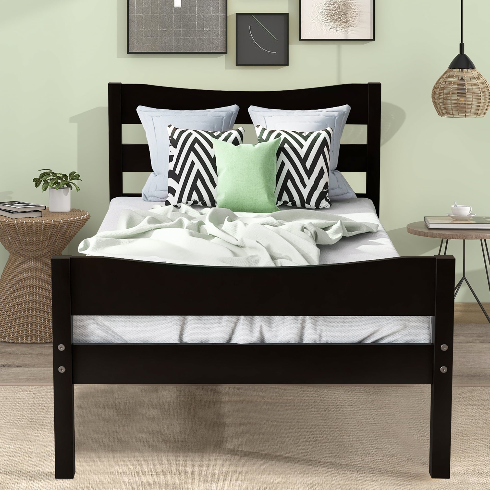 BTMWAY Wood Twin Bed Frame for Kids Adults, Solid Wood Platform Bed Frame with Headboard and Footboard, Modern Twin Size Bed Frame with Wooden Slats Support, No Box Spring Needed, Espresso