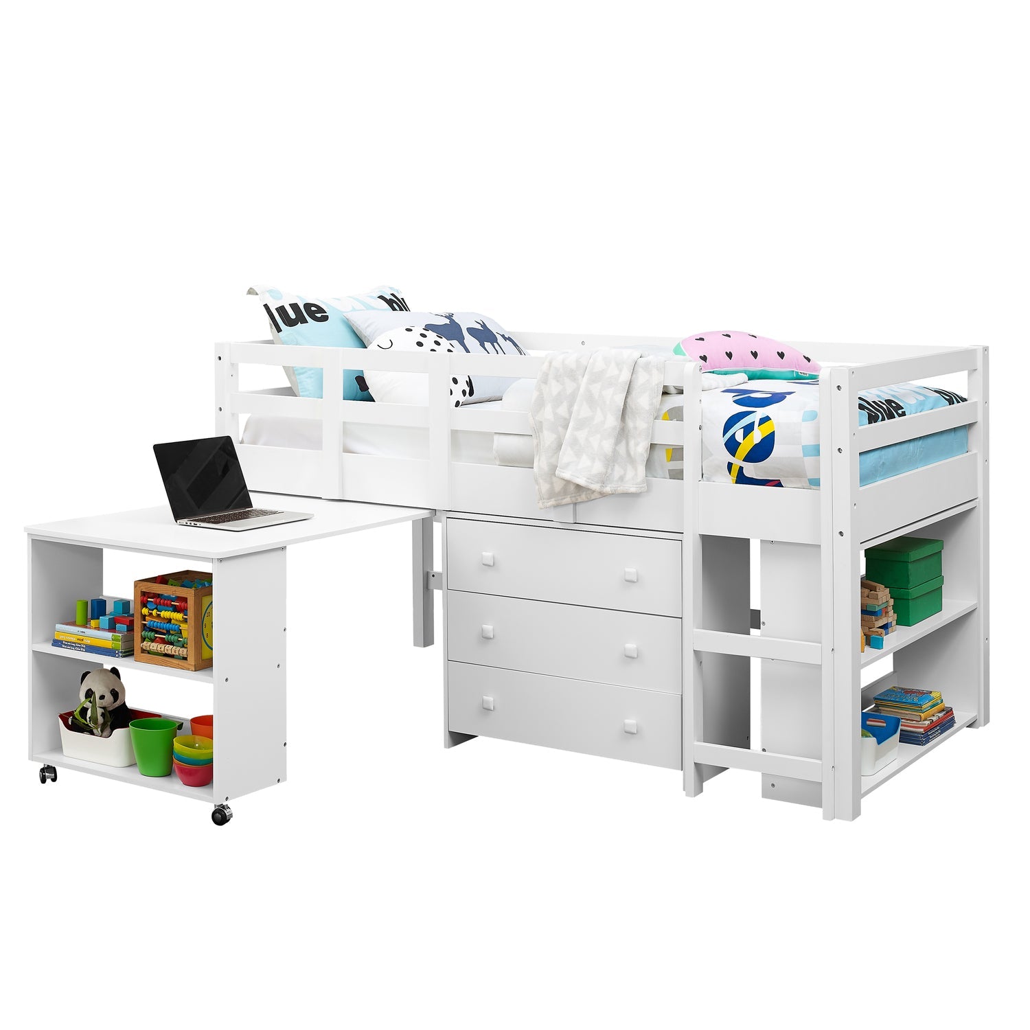 Naomi Home Twin Low Loft Bed with Desk for Kids, Study Loft Bed, White