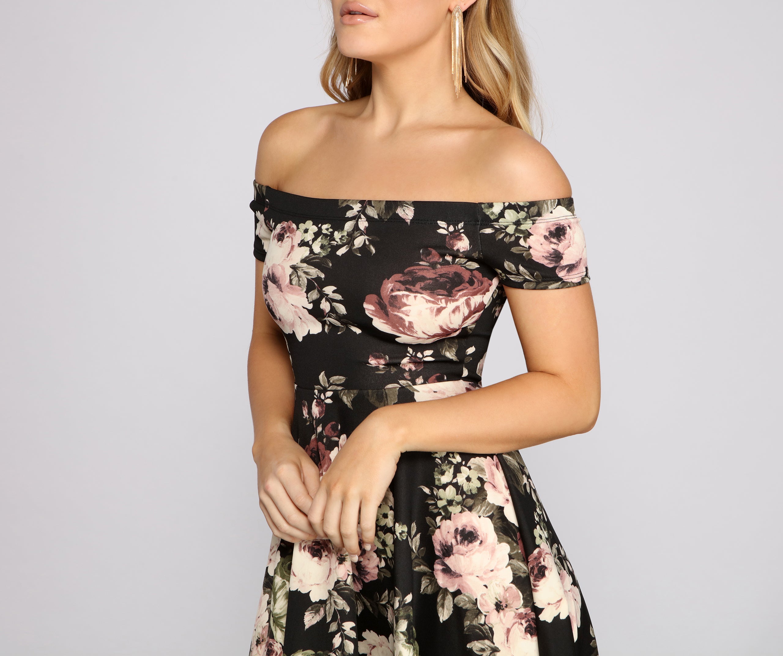 Va-Va-Bloom Off Shoulder Floral High Low Dress