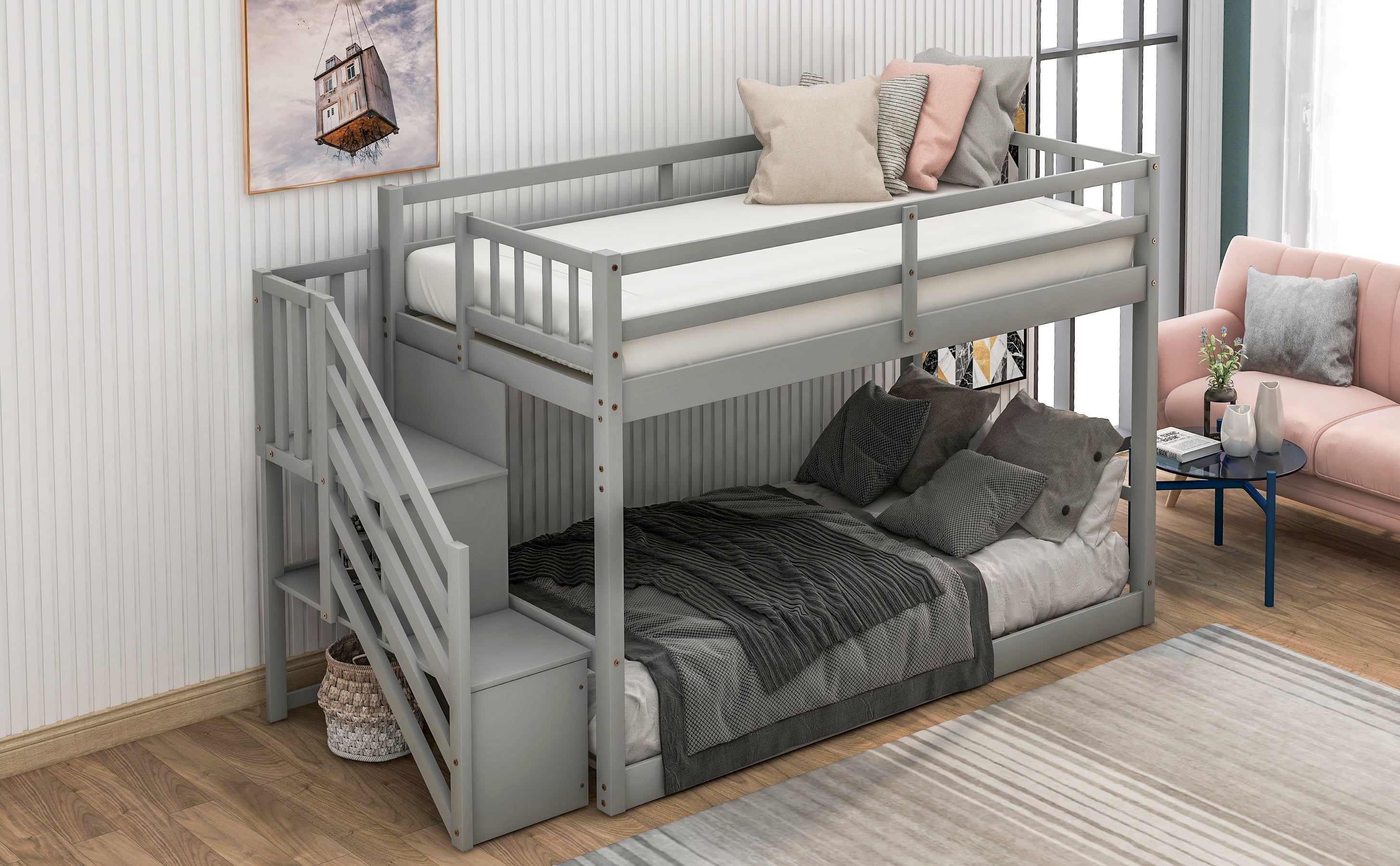 Euroco Wood Twin Over Twin Floor Bunk Bed with Stairs for Kids Room, Gray