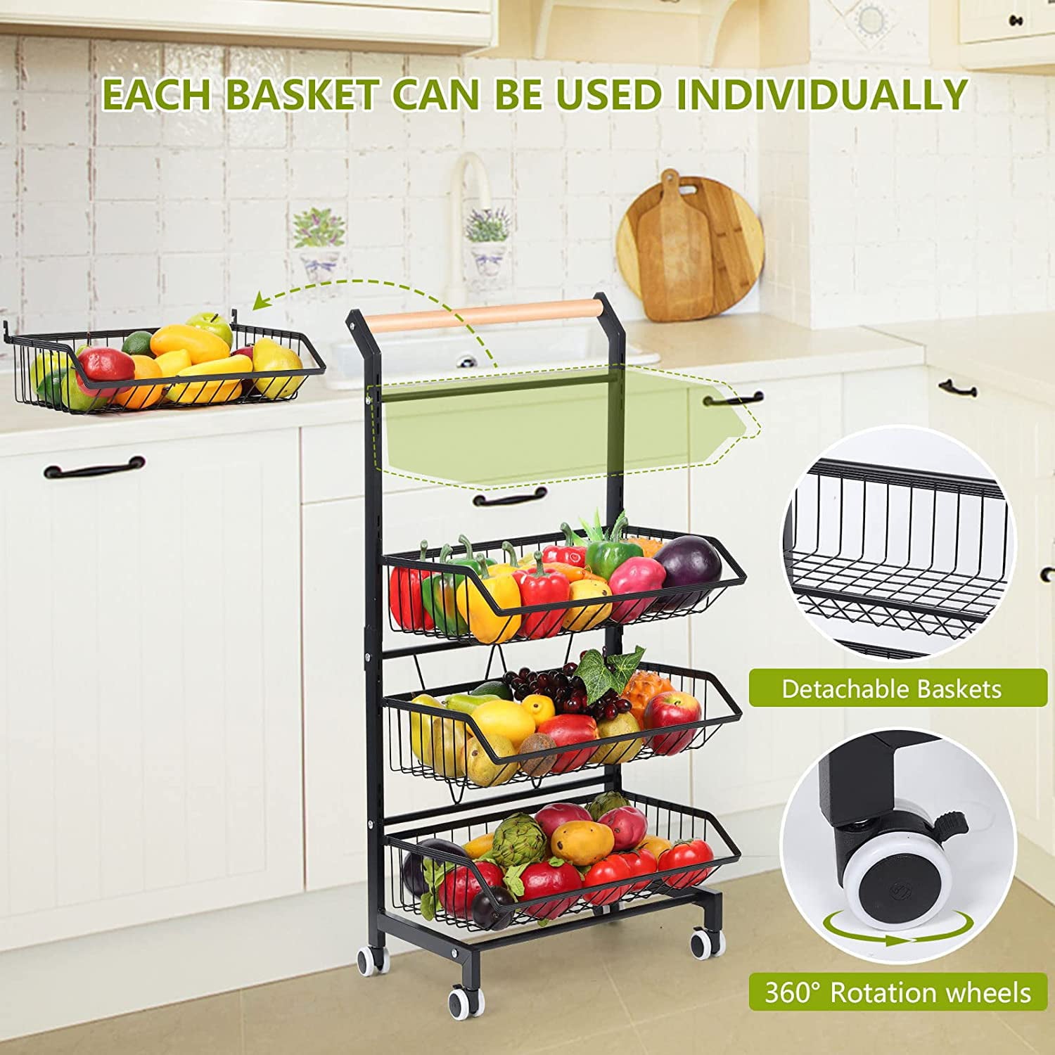 4 Tier Fruit Vegetable Storage Basket Rolling Cart with Handle and Wheels， Black