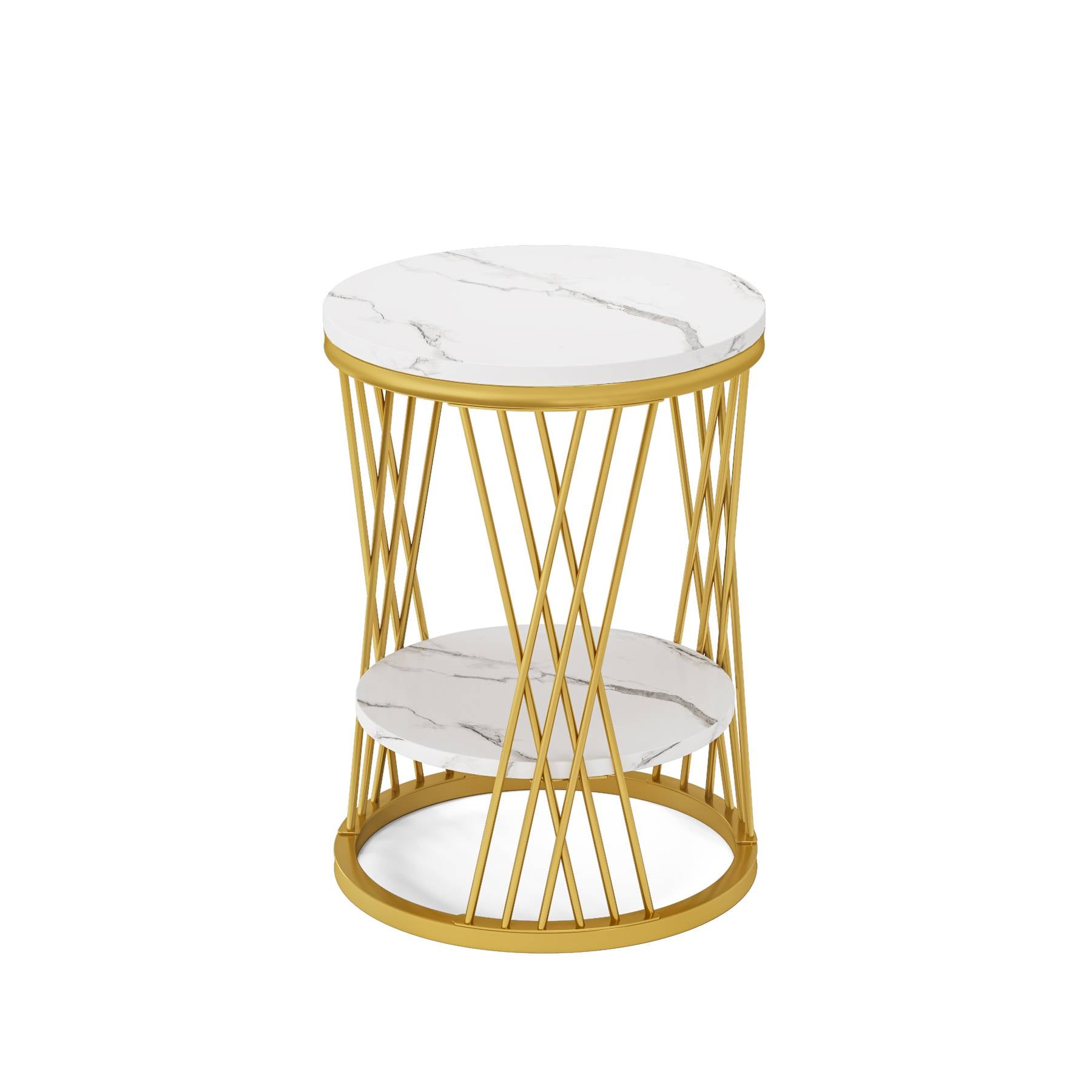 2-Tier End Table, Round Bedside Table with Faux Marble Shelves